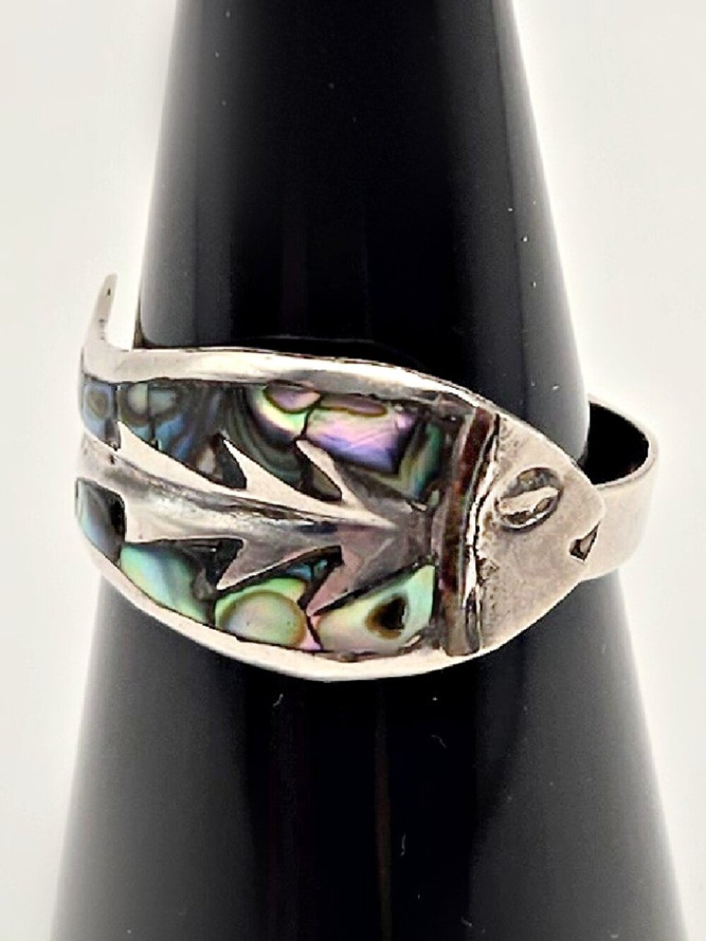 Vintage Sterling Abalone Fish Ring, Mexican Copper Accent, Adjustable Size 6-8